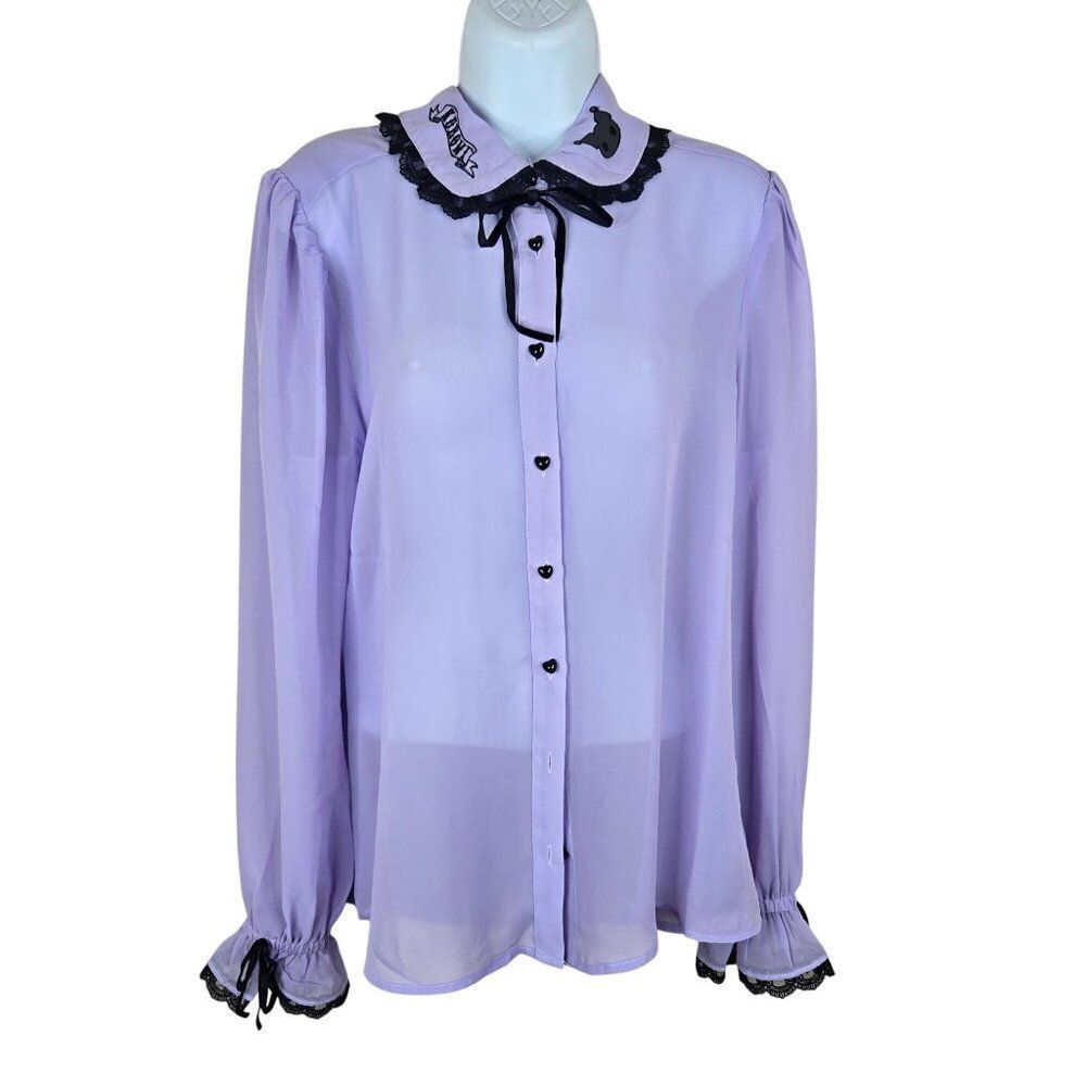 Sanrio Kuromi Sheer Lavender Button-Up Blouse Black Lace Collar Womens L Purple